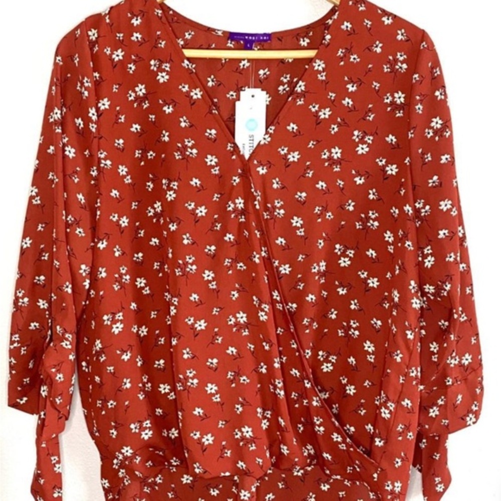 West Kei Red Floral Boho Wrap Peasant Blouse Stitch Fix XS